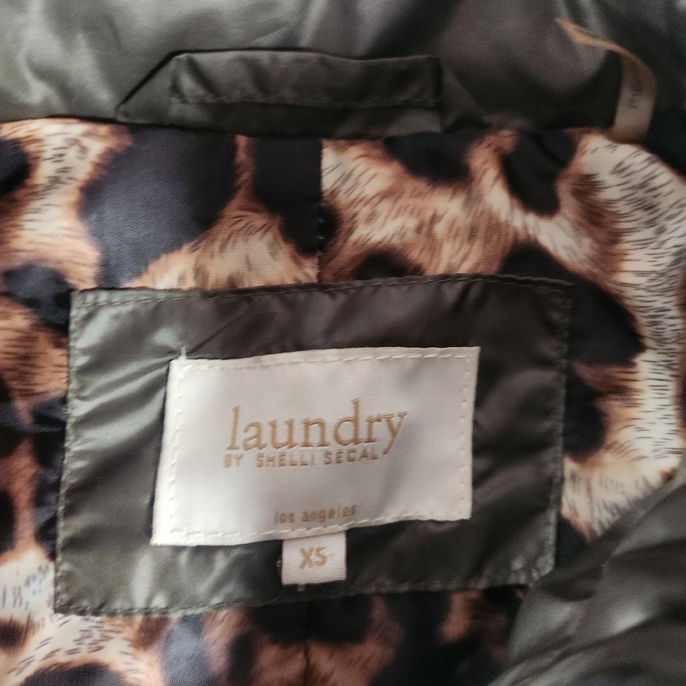 Laundry Shelli Segal Quilted Jacket Olive Green Leopard Lining Womens Sz XS Zips - Picture 2 of 6
